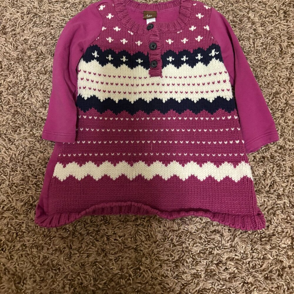 Tea Collection Sweater Dress 9-12 Months Purple Fair Isle Long Sleeve Buttons
